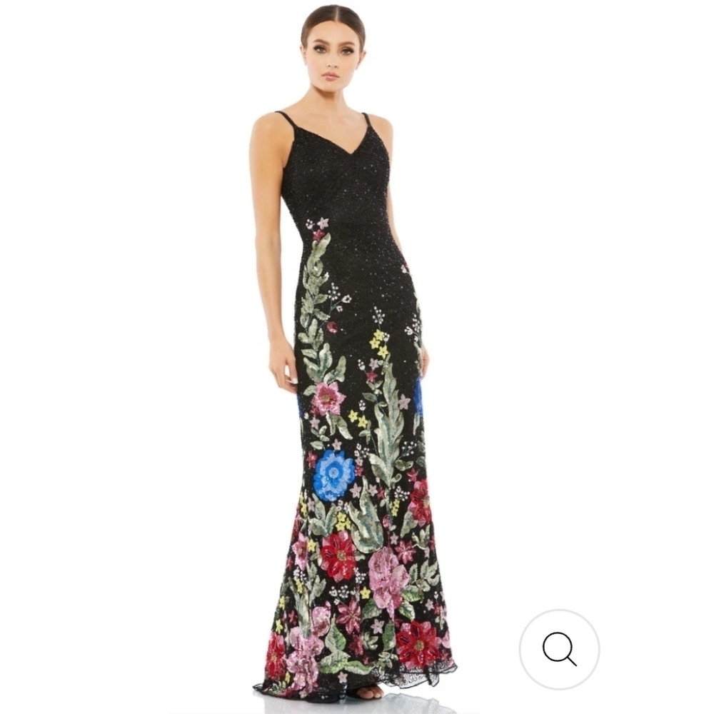 Mac Duggal Floral Embellished Spaghetti Strap Gown